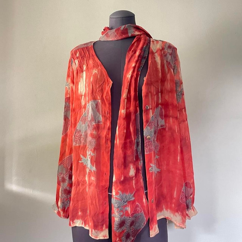 Artisan Citron 100% Silk Hand Dyed Boho Blouse & Scarf Set - Picture 2 of 8